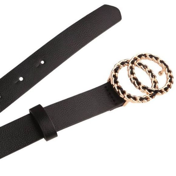 Black faux leather elegant double chunky chain link ring Gold buckle waist belt - Picture 10 of 12